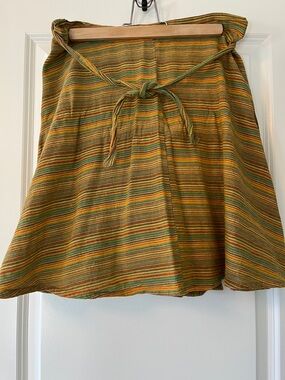 Striped Tie-Waist A-Line Wrap Skirt in Gold Aqua &Orange Multi Diagonal Stripe